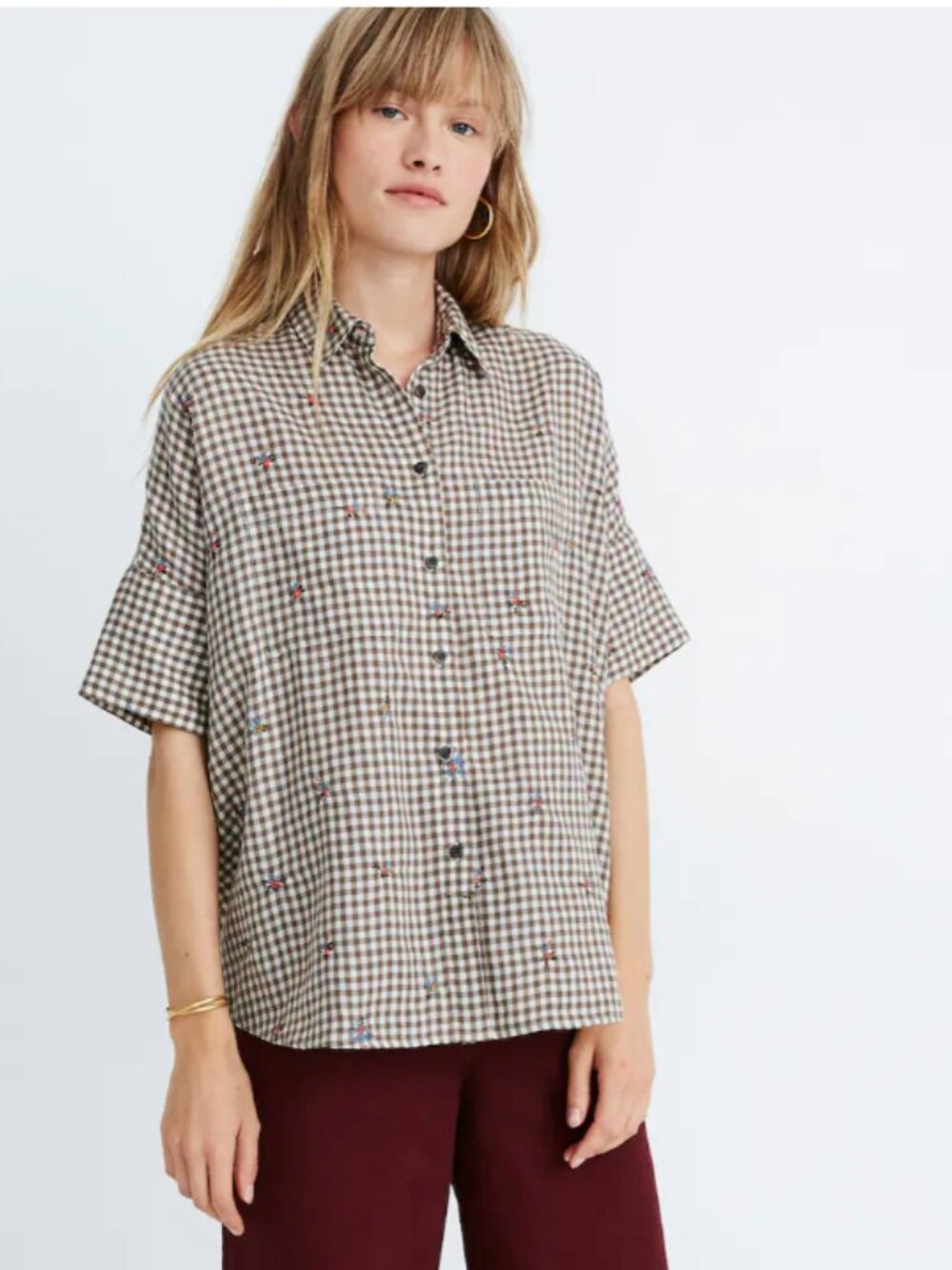 Madewell Floral Embroidered Gingham Courier Shirt Cottagecore Girlhoodcore Sz M